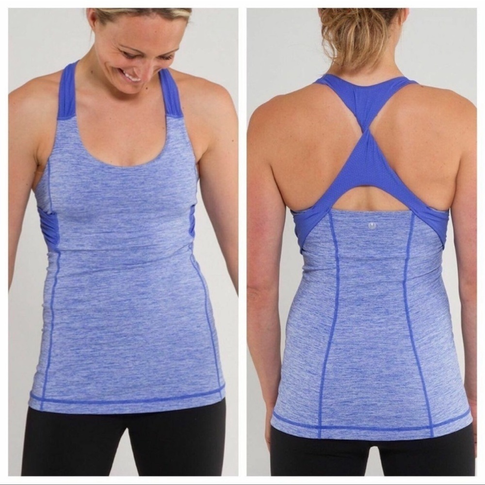 Lululemon Spin Me Tank Top Womens 6 Heather Blue Built In Bra Racerback Logo
